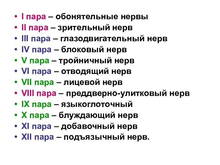 I пара – обонятельные нервы II пара – зрительный нерв III