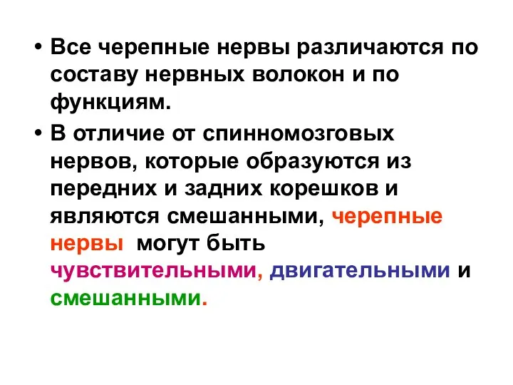 Все черепные нервы различаются по составу нервных волокон и по функциям.