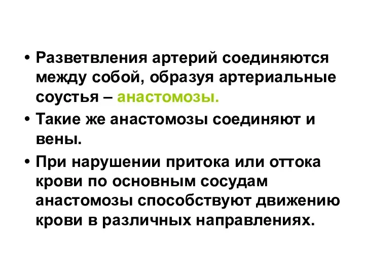 Разветвления артерий соединяются между собой, образуя артериальные соустья – анастомозы. Такие