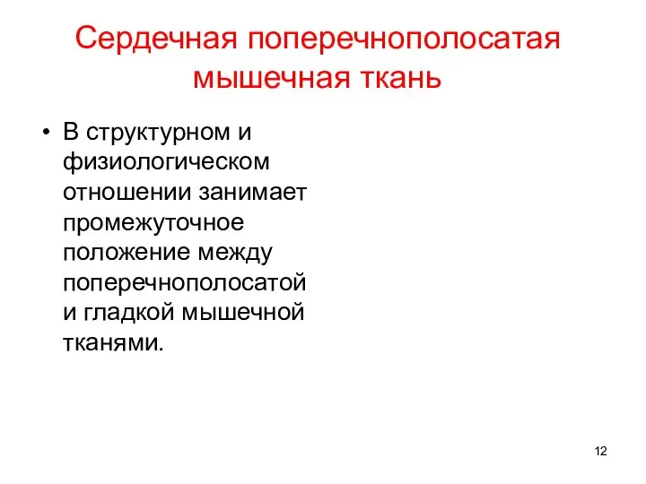 Сердечная поперечнополосатая мышечная ткань В структурном и физиологическом отношении занимает промежуточное