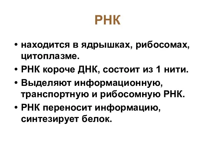 РНК находится в ядрышках, рибосомах, цитоплазме. РНК короче ДНК, состоит из