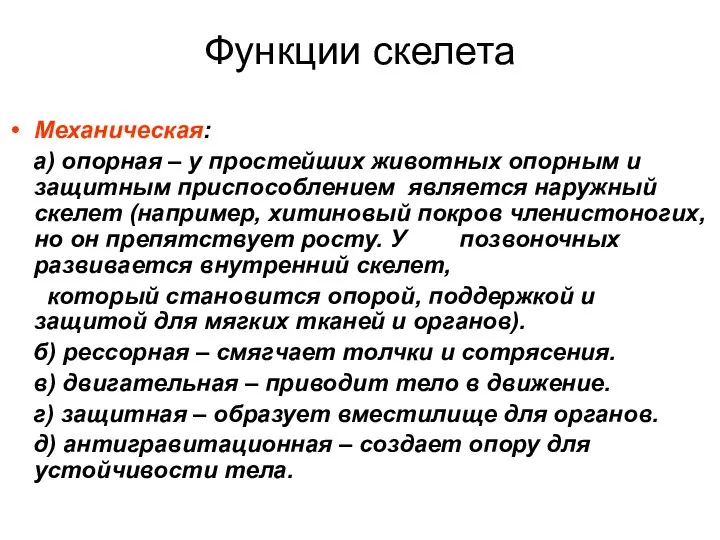 Функции скелета Механическая: а) опорная – у простейших животных опорным и