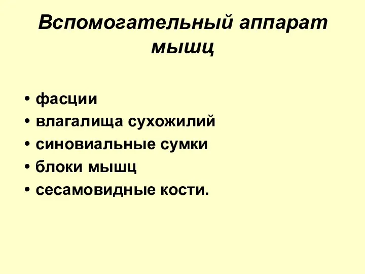 Вспомогательный аппарат мышц фасции влагалища сухожилий синовиальные сумки блоки мышц сесамовидные кости.