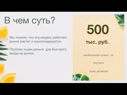 В чем суть? 500 тыс. руб. необходимая сумма на текущем этапе