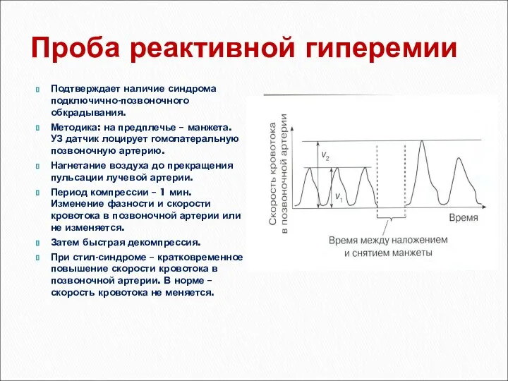 Проба реактивной гиперемии Подтверждает наличие синдрома подключично-позвоночного обкрадывания. Методика: на предплечье