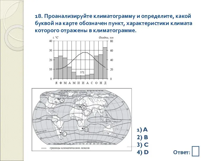 18. Проанализируйте климатограмму и определите, какой буквой на карте обозначен пункт,