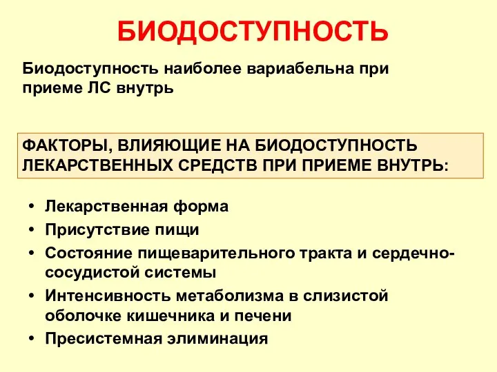 БИОДОСТУПНОСТЬ Биодоступность наиболее вариабельна при приеме ЛС внутрь Лекарственная форма Присутствие