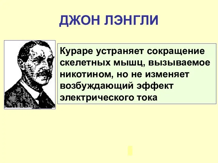 ДЖОН ЛЭНГЛИ Кураре устраняет сокращение скелетных мышц, вызываемое никотином, но не изменяет возбуждающий эффект электрического тока