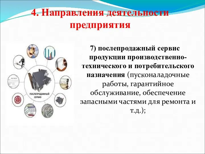 4. Направления деятельности предприятия 7) послепродажный сервис продукции производственно-технического и потребительского