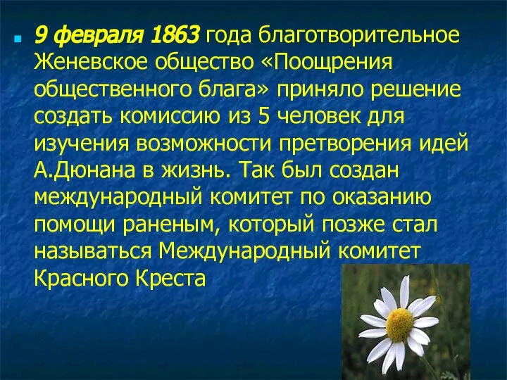 9 февраля 1863 года благотворительное Женевское общество «Поощрения общественного блага» приняло