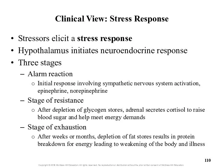 Clinical View: Stress Response Stressors elicit a stress response Hypothalamus initiates