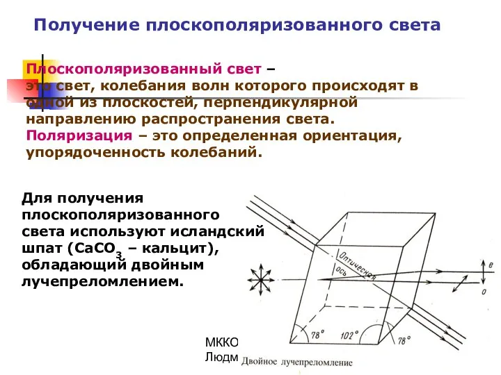 МККОС. Л.К. №8. Попова Людмила Федоровна Получение плоскополяризованного света Плоскополяризованный свет