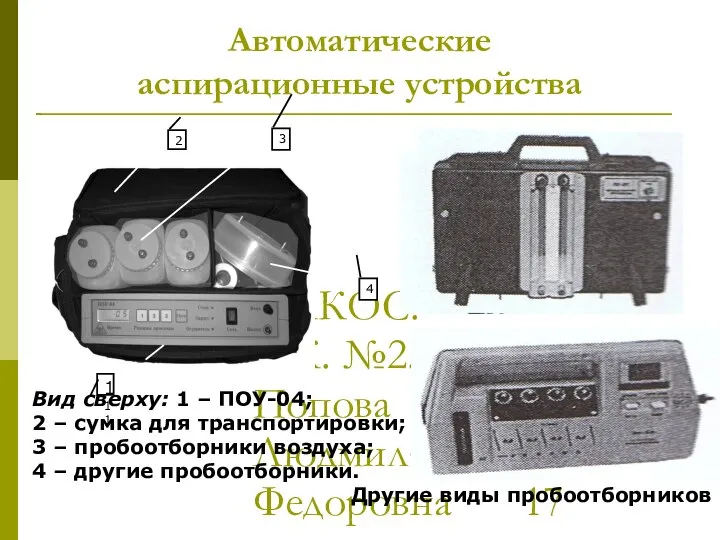 МККОС. Л.К. №2. Попова Людмила Федоровна Автоматические аспирационные устройства Вид сверху: