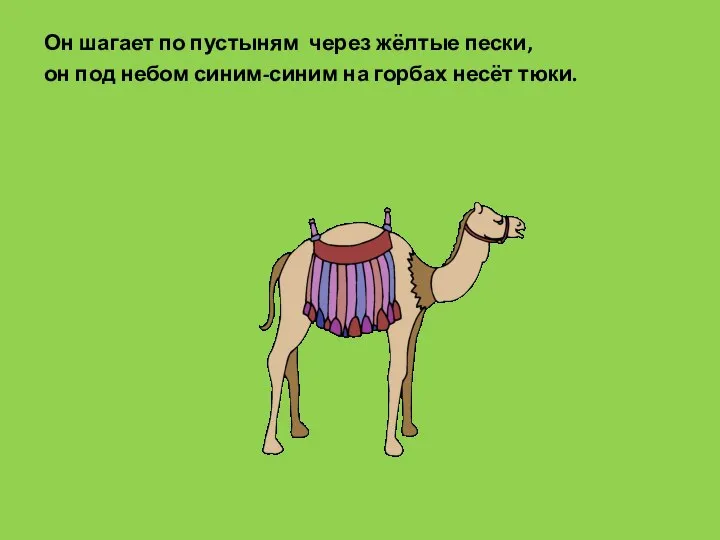 Он шагает по пустыням через жёлтые пески, он под небом синим-синим на горбах несёт тюки.