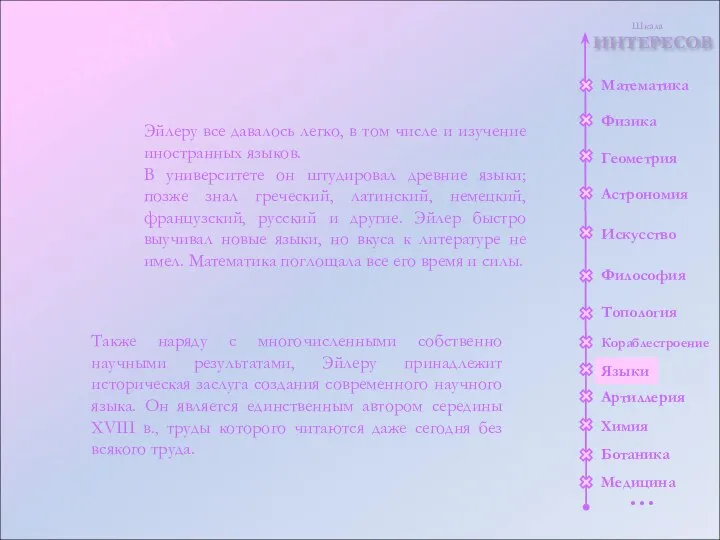 ИНТЕРЕСОВ Шкала Математика Физика Геометрия Астрономия Искусство Философия Топология Кораблестроение Артиллерия