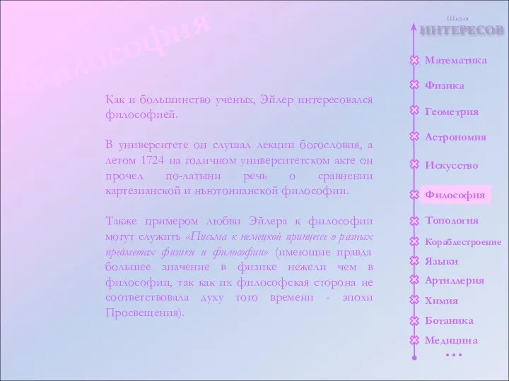 ИНТЕРЕСОВ Шкала Математика Физика Геометрия Астрономия Искусство Топология Кораблестроение Языки Артиллерия