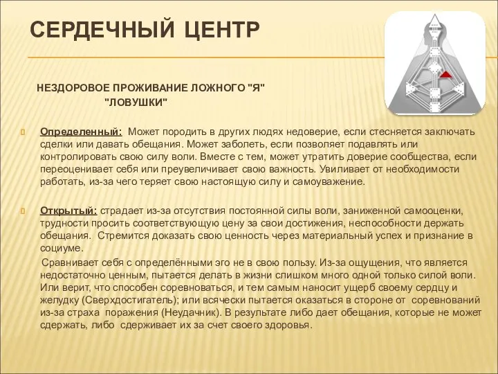 СЕРДЕЧНЫЙ ЦЕНТР НЕЗДОРОВОЕ ПРОЖИВАНИЕ ЛОЖНОГО "Я" "ЛОВУШКИ" Определенный: Может породить в