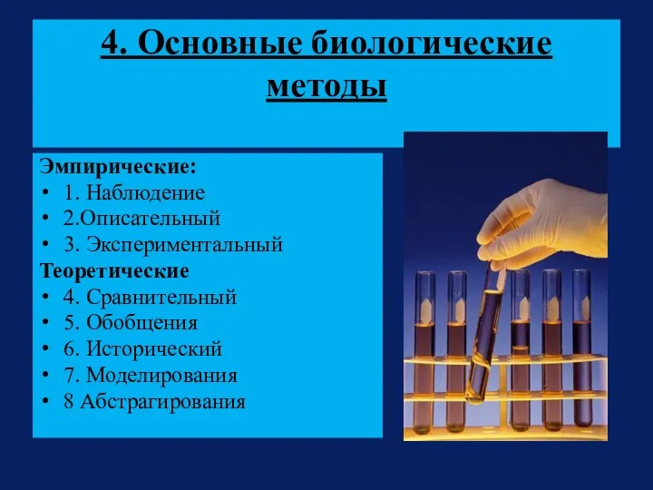 4. Основные биологические методы Эмпирические: 1. Наблюдение 2.Описательный 3. Экспериментальный Теоретические