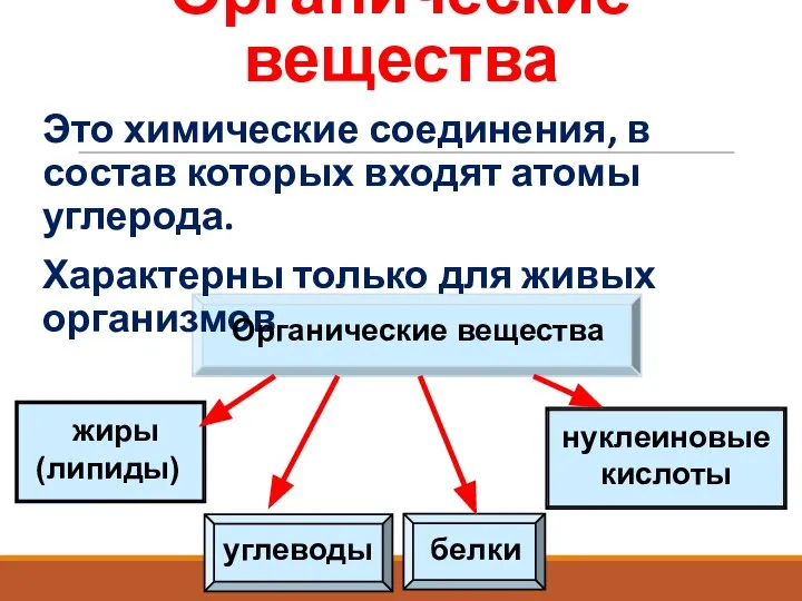 Органические вещества Это химические соединения, в состав которых входят атомы углерода.