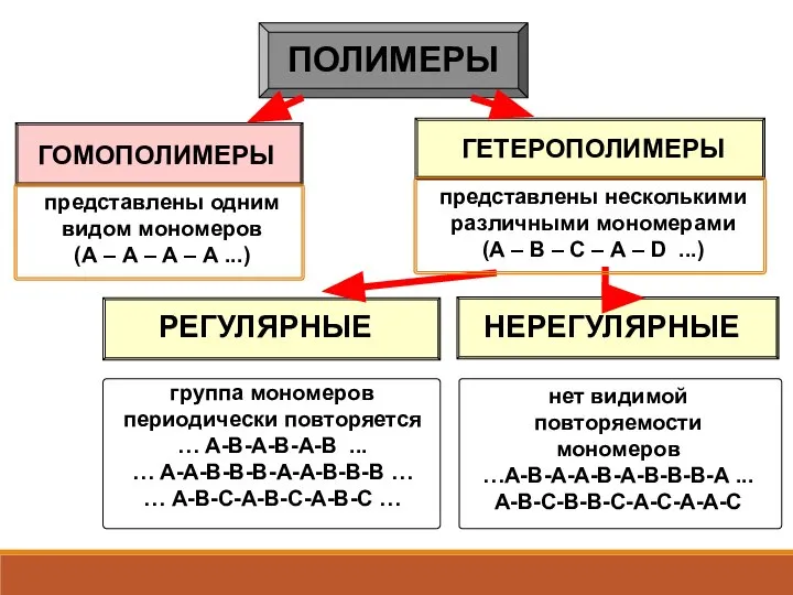 ПОЛИМЕРЫ ГОМОПОЛИМЕРЫ ГЕТЕРОПОЛИМЕРЫ представлены одним видом мономеров (А – А –