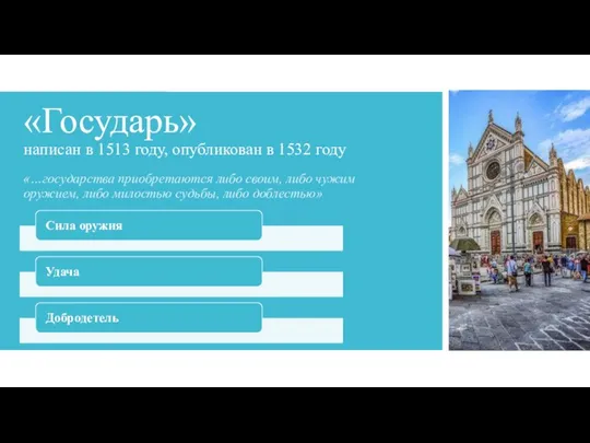 «Государь» написан в 1513 году, опубликован в 1532 году «…государства приобретаются