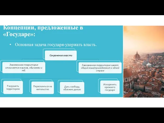 Концепции, предложенные в «Государе»: Основная задача государя-удержать власть.