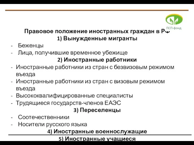 Правовое положение иностранных граждан в РФ 1) Вынужденные мигранты Беженцы Лица,