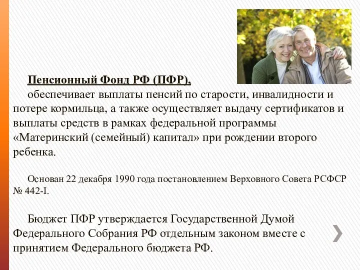 ПФР Пенсионный Фонд РФ (ПФР), обеспечивает выплаты пенсий по старости, инвалидности