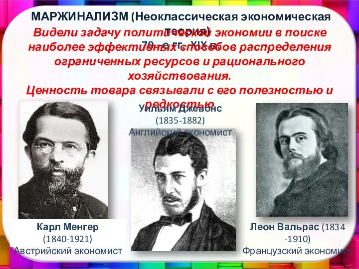 МАРЖИНАЛИЗМ (Неоклассическая экономическая теория) 70 –е гг. XIX в. Видели задачу