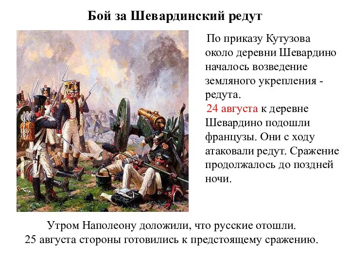 Бой за Шевардинский редут По приказу Кутузова около деревни Шевардино началось