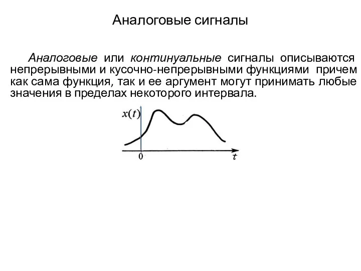 Аналоговые сигналы Аналоговые или континуальные сигналы описываются непрерывными и кусочно-непрерывными функциями
