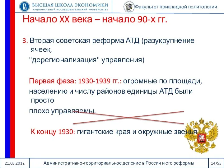 21.05.2012 Административно-территориальное деление в России и его реформы 14/55 Факультет прикладной