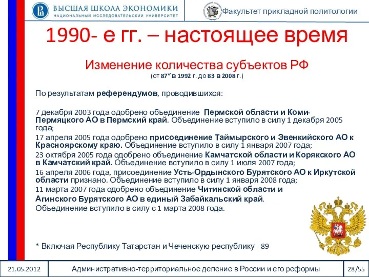 21.05.2012 Административно-территориальное деление в России и его реформы 28/55 Факультет прикладной