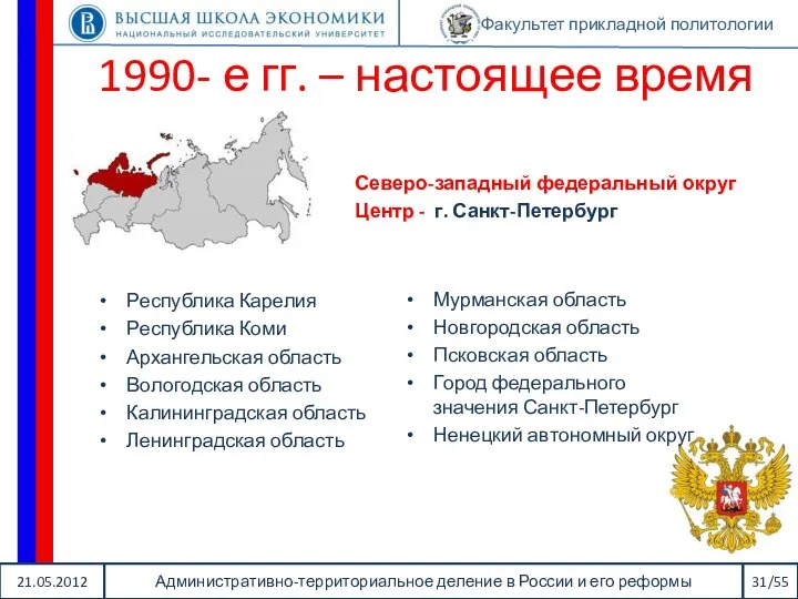 21.05.2012 Административно-территориальное деление в России и его реформы 31/55 Факультет прикладной