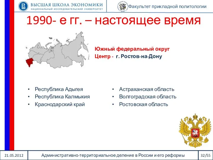 21.05.2012 Административно-территориальное деление в России и его реформы 32/55 Факультет прикладной