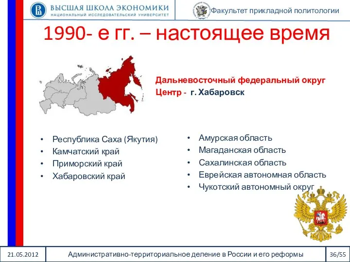 21.05.2012 Административно-территориальное деление в России и его реформы 36/55 Факультет прикладной