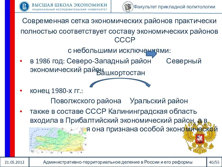 21.05.2012 Административно-территориальное деление в России и его реформы 40/55 Факультет прикладной