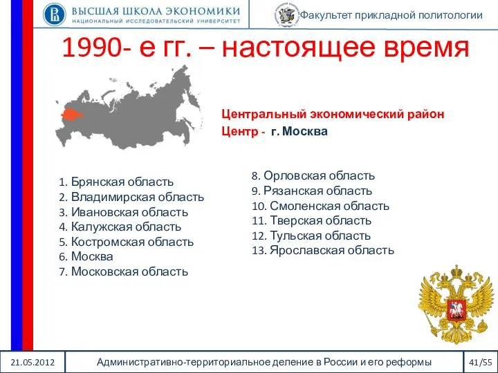 21.05.2012 Административно-территориальное деление в России и его реформы 41/55 Факультет прикладной