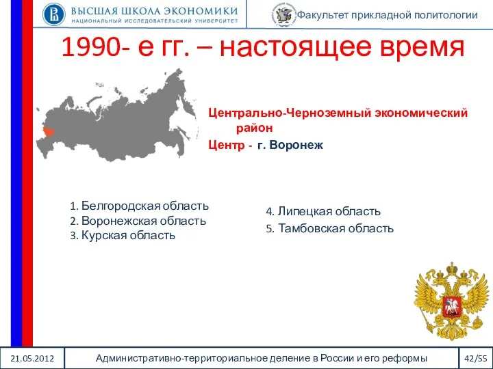 21.05.2012 Административно-территориальное деление в России и его реформы 42/55 Факультет прикладной