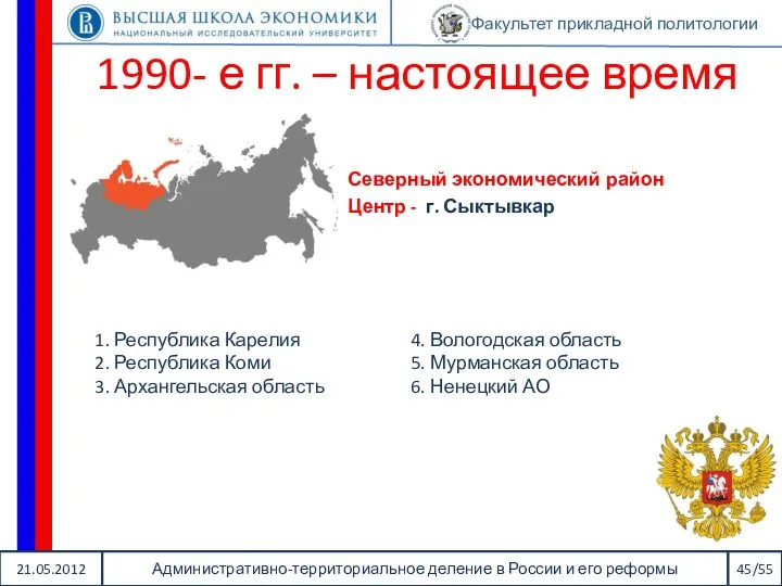 21.05.2012 Административно-территориальное деление в России и его реформы 45/55 Факультет прикладной