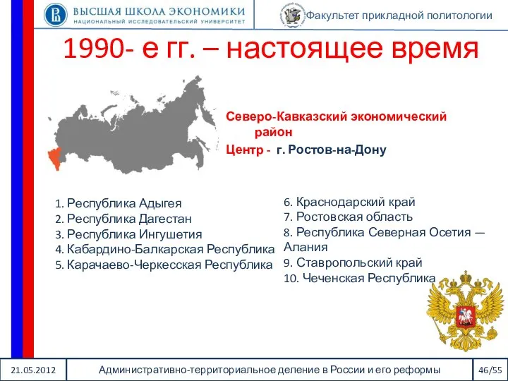 21.05.2012 Административно-территориальное деление в России и его реформы 46/55 Факультет прикладной