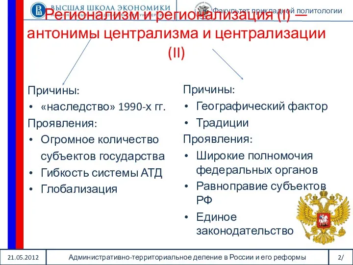 21.05.2012 Административно-территориальное деление в России и его реформы 2/ Факультет прикладной