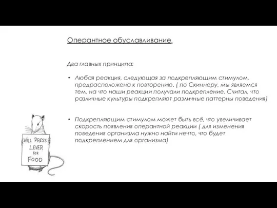 Оперантное обуславливание. Два главных принципа: Любая реакция, следующая за подкрепляющим стимулом,