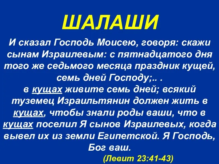 ШАЛАШИ И сказал Господь Моисею, говоря: cкажи сынам Израилевым: с пятнадцатого