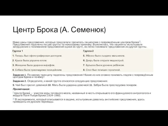 Центр Брока (А. Семенюк) Ниже даны предложения, которые предлагали прочитать пациентам