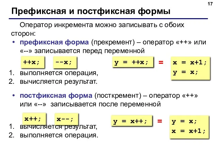 Префиксная и постфиксная формы Оператор инкремента можно записывать с обоих сторон: