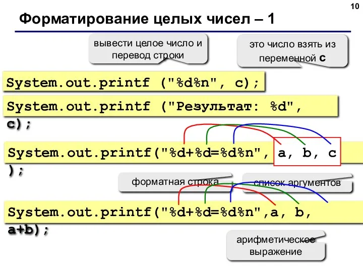 Форматирование целых чисел – 1 System.out.printf ("%d%n", c); вывести целое число