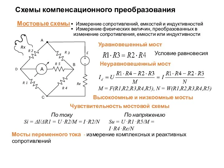 Схемы компенсационного преобразования Уравновешенный мост Условие равновесия Неуравновешенный мост M =
