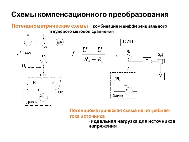 Схемы компенсационного преобразования Потенциометрические схемы – комбинация и дифференциального и нулевого