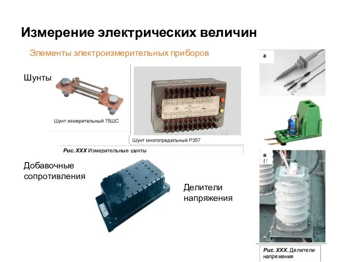 Измерение электрических величин Элементы электроизмерительных приборов Шунты Добавочные сопротивления Делители напряжения